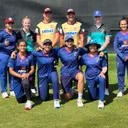 Coaches Simon Helmot and Carl Crowe, and UAE women's captain Esha Oza